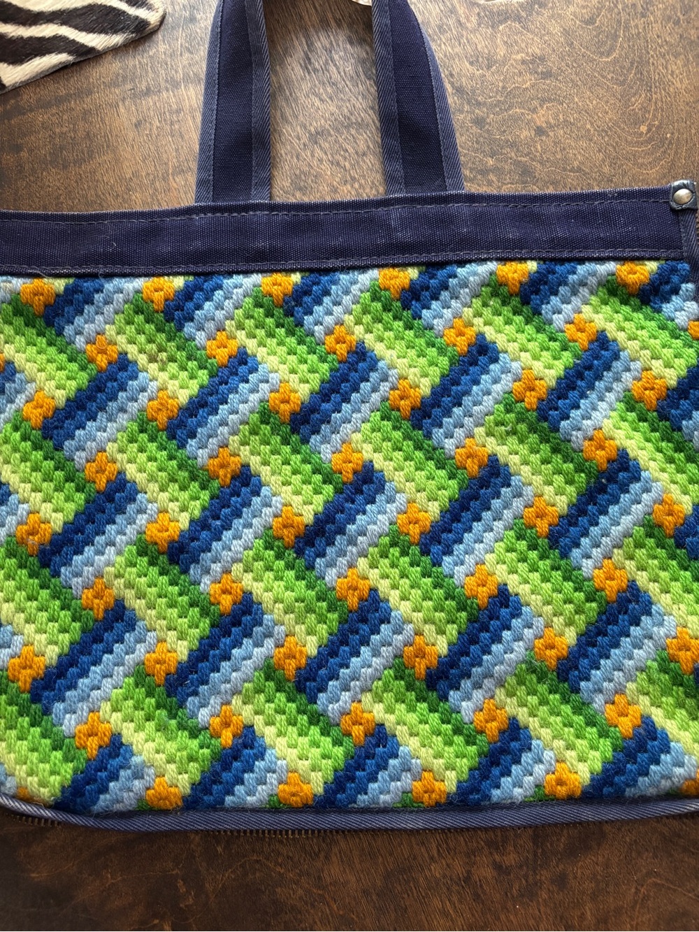 Handmade Needlepoint Zip-Off Denim Tote Bag | Vintage Style - Picture 6 of 7